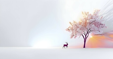 Abstract minimalist spring scene with a single, sharp silhouette of a deer and of a blooming tree, beautiful sunrise, AI generated