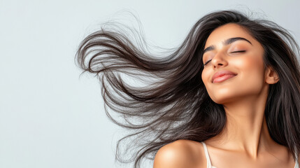 indian model flipping her hair confidently on white background