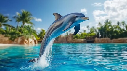 Dolphin leaps gracefully above the vibrant turquoise waters during a sunny day at a tropical paradise