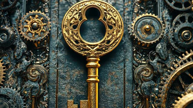 Intricately designed antique key turning amidst mesmerizing steampunk gears