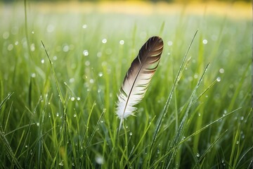 A lone feather resting gently on a dew-covered grassy field, with soft morning light illuminating the delicate details, AI generated