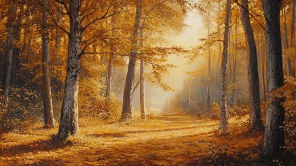 Fototapeta premium A golden forest scene in autumn, with sunlight streaming through the trees and fallen leaves creating a rich carpet of amber hues