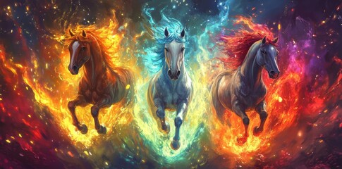 Oil painting: Three horses running in the wind
