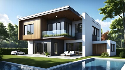 Fototapeta premium Three dimensional render of a modern ecological real estate residential house, AI gnerated, AI generated