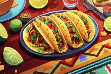 A plate of colorful tacos with fresh ingredients on a decorative table, street food, illustration, 3D, AI generated