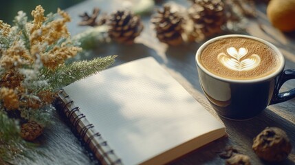 A cup of coffee and a notebook sit on a table, perfect for writing or studying