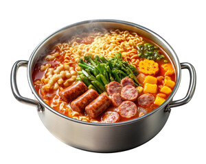 bubbling pot of army stew filled with noodles, sausages, and vegetables, creating warm and inviting meal. Perfect for sharing with friends and family