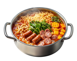 bubbling pot of army stew filled with noodles, sausages, and vegetables, creating warm and inviting meal. Perfect for sharing with friends and family