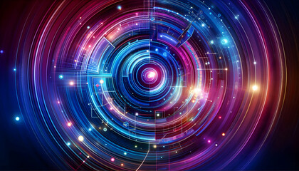 Background Technology A vibrant, dynamic abstract background with concentric circles and geometric shapes in blue, pink, a4