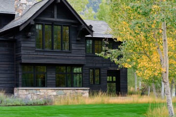 Fototapeta premium A stunning black wooden house nestles amidst vibrant greenery and colorful autumn leaves, creating a serene scene in a peaceful residential neighborhood during the day