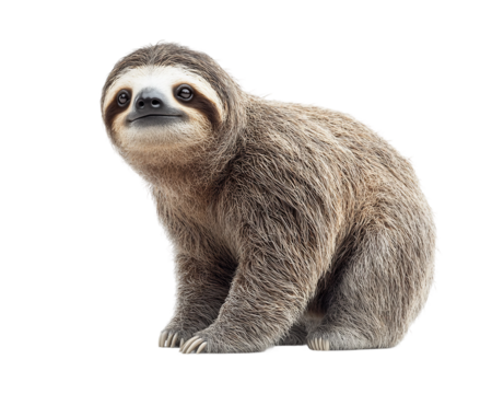 Small brown and gray sloth is sitting on transparent background