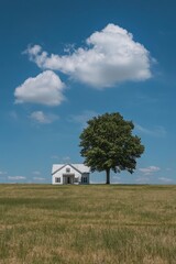 Obraz premium White house with a large green tree standing alone in a vast field under a bright blue sky with fluffy clouds on a sunny day in rural countryside