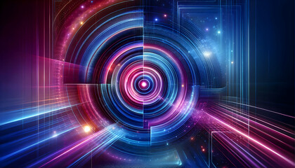 Obraz premium Background Technology A surreal, futuristic design with concentric circles and geometric shapes in blue, pink, and purple 2