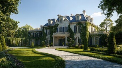 A grand estate with manicured lawns, a stone driveway, and ivy climbing the walls of the elegant mansion
