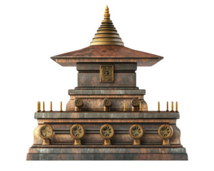 detailed Buddhist stupa with prayer wheels around its base, showcasing intricate designs and serene atmosphere. This structure symbolizes peace and spirituality