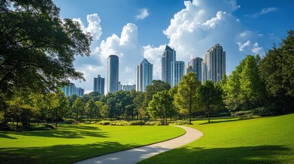 A green city park with a walking trail, surrounded by tall trees and grass.