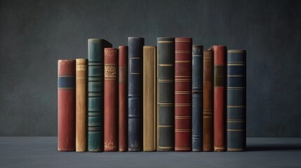 Antique books in shades of red, blue, and brown displayed in an elegant arrangement on a dark surface