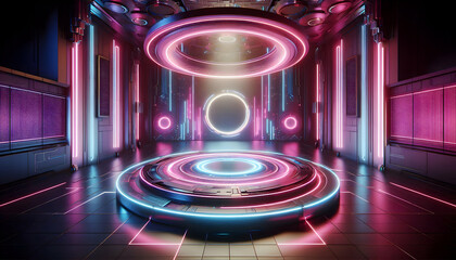 Background Technology A high-tech, sci-fi setting featuring a glowing circular platform surrounded by pink and blue neon l1