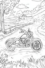 Naklejka premium Scenic Countryside Coloring Page with Motorcycle . Children coloring page