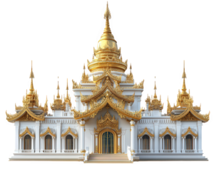stunning Burmese style pagoda featuring ornate golden dome and intricate architectural details, showcasing beauty of traditional design and craftsmanship