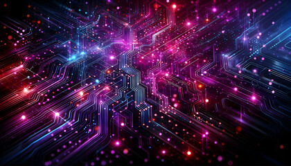 Fototapeta premium Background Technology A high-tech digital background with glowing pink, purple, and blue lines, resembling a digital circu1