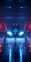 Futuristic fighter jet in dramatic hangar with neon lights and sleek design reflecting modern technology