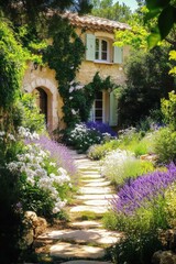 Fototapeta premium Nestled in a picturesque garden on a sunny day, this charming stone cottage is beautifully encircled by vibrant lavender and colorful blooming flowers