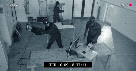 Criminal, people and violence on video, security camera and breaking of furniture in office or demolition. Digital, surveillance and team caught on footage, vandalism and system for monitoring