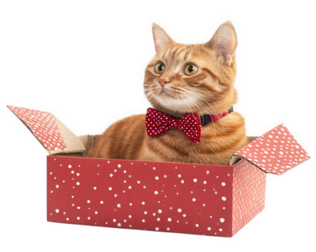 Adorable cat sitting inside red box, wearing bow tie, looking curious and playful. This charming scene captures essence of feline curiosity and joy