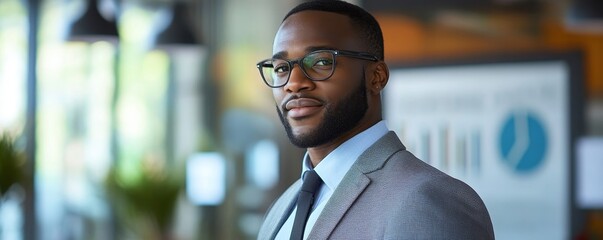 Confident businessman in a grey suit and glasses.  He projects professionalism and success.