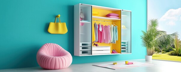 Modern closet with colorful clothes and cozy chair in bright setting.