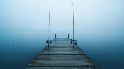 Obraz premium Serene photo of a fishing setup on a quiet pier. Early morning mist rising from the water. Capturing tranquility and patience. Ideal for leisure and outdoor lifestyle content.