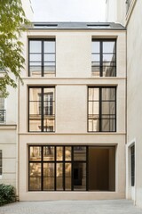 Obraz premium Modern architectural design showcases large windows and minimalist style in a serene courtyard setting in Paris, reflecting contemporary urban living