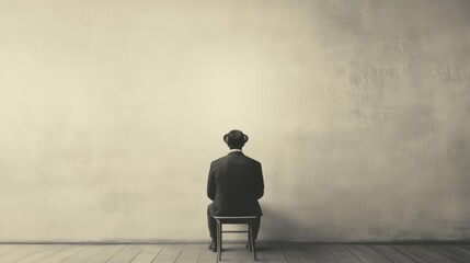 Man in suit sits on chair facing blank wall.