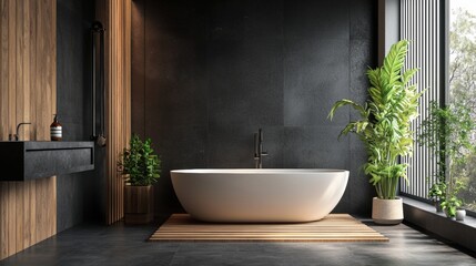 Modern bathroom with freestanding tub and natural accents