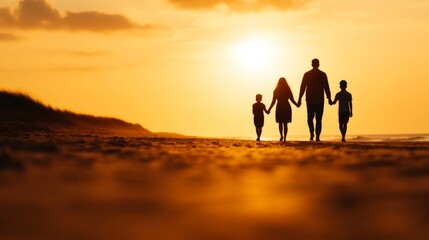 Family Walking on the Beach at Sunset