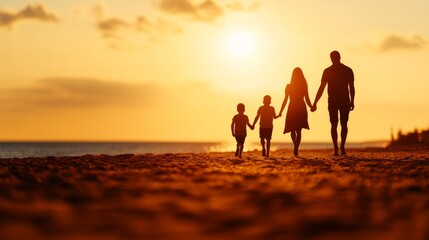 Family Walking on Beach at Sunset