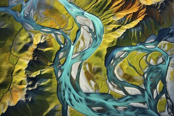 Aerial view perpendicular top down of an abstract colorful river along the coastline, AI generated