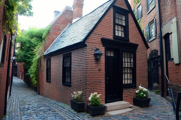 Charming historic brick house nestled within a narrow alleyway in a quaint neighborhood filled with cobblestone streets and greenery, creating a picturesque urban setting