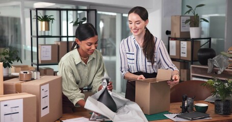Shipping, entrepreneur and people with boxes, packaging and preparing order for delivery in...