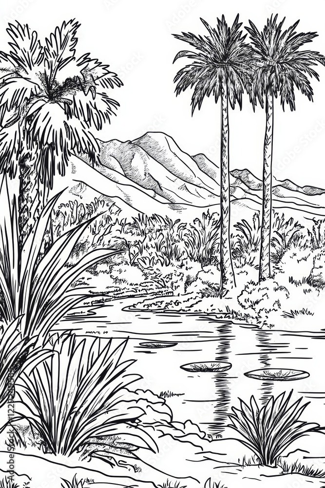 Canvas Prints Serene Tropical Landscape Drawing . Children coloring page