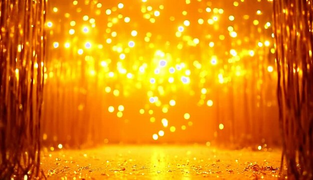Tel&oacute;n de fondo de un escenario con cortina de filamentos dorados. Luces doradas. Glamour
