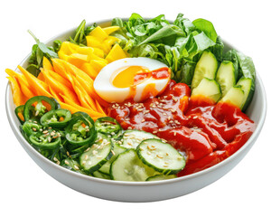 colorful bibimbap bowl filled with fresh vegetables, egg, and sauces, showcasing vibrant ingredients like mango, cucumber, and leafy greens, creating delightful and healthy meal