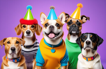 Group of dogs in funky wild colourful outfits, birthday party 