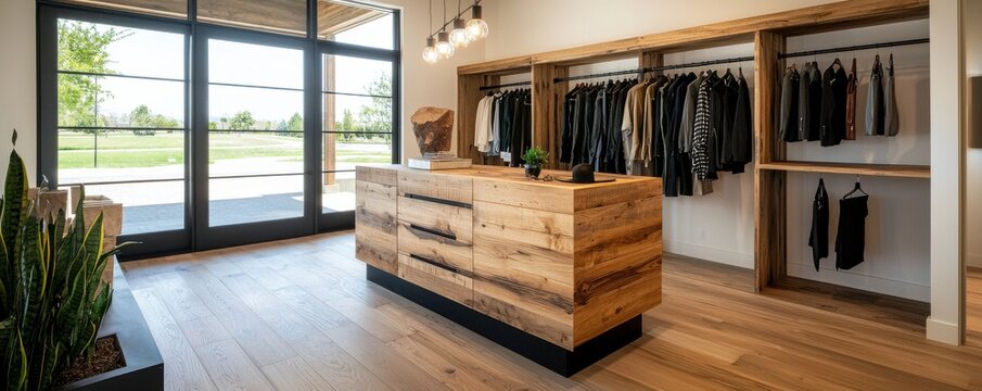 Modern retail store interior with wooden displays and natural lighting.