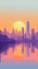 Fototapeta premium Vibrant sunset over a cityscape with water reflections.