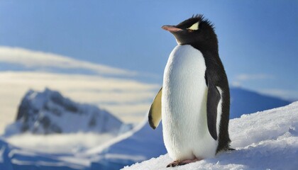 Fototapeta premium AI generated, animal, animals, bird, birds, biotope, habitat, one, individual, blue sky, winter, ice, snow, foraging, wildlife, summer, seasons, southern rockhopper penguin (Eudyptes chrysocome)