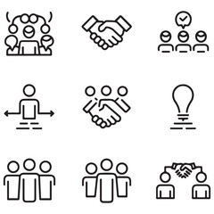 Successful business collaboration thin line icon set. Containing teamwork, cooperation, team working together, agreement, handshake, support, help, group people, partnership, organization.