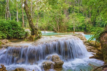 Small waterfall, cascades, Tat Kuang Si waterfalls, Luang Prabang, Laos, Asia