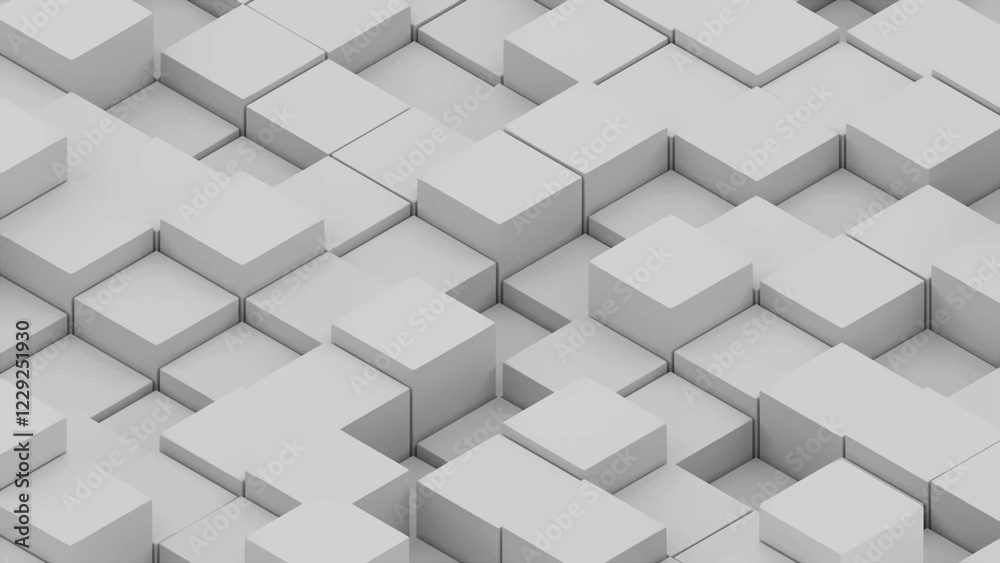 Poster many abstract isometric cubes, modern computer generated 3d rendering background